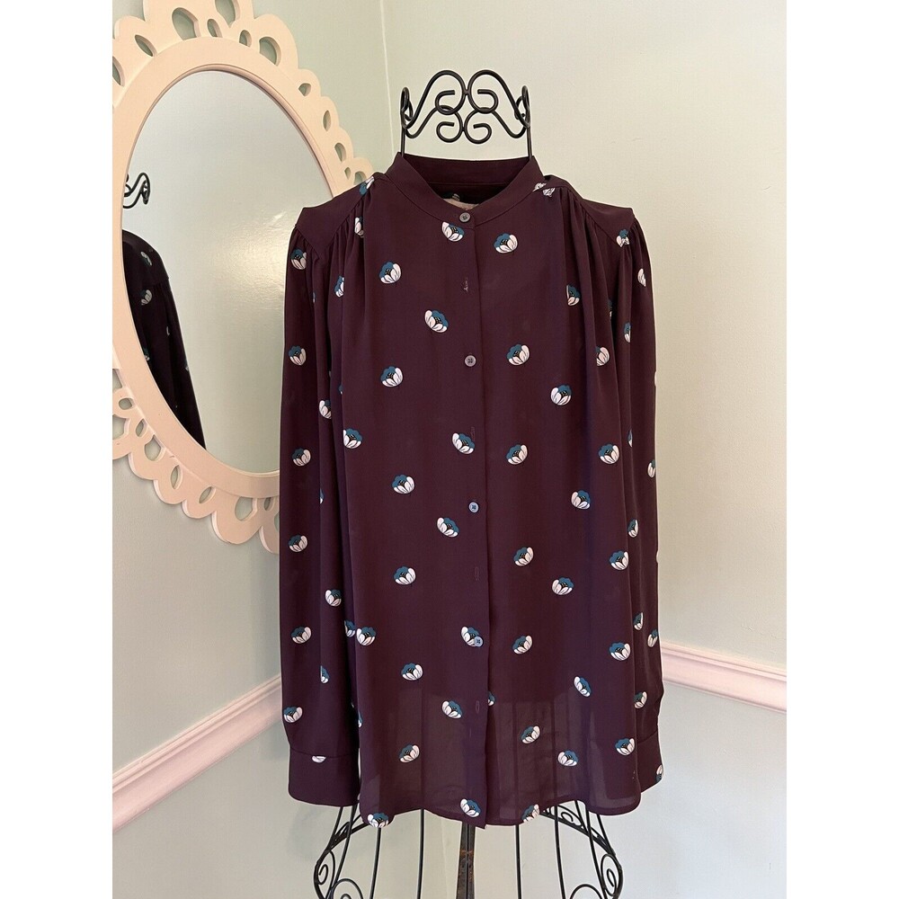 Ann Taylor Loft Womens Shirt Small Purple Floral Long Sleeve Knit Poly Blouse